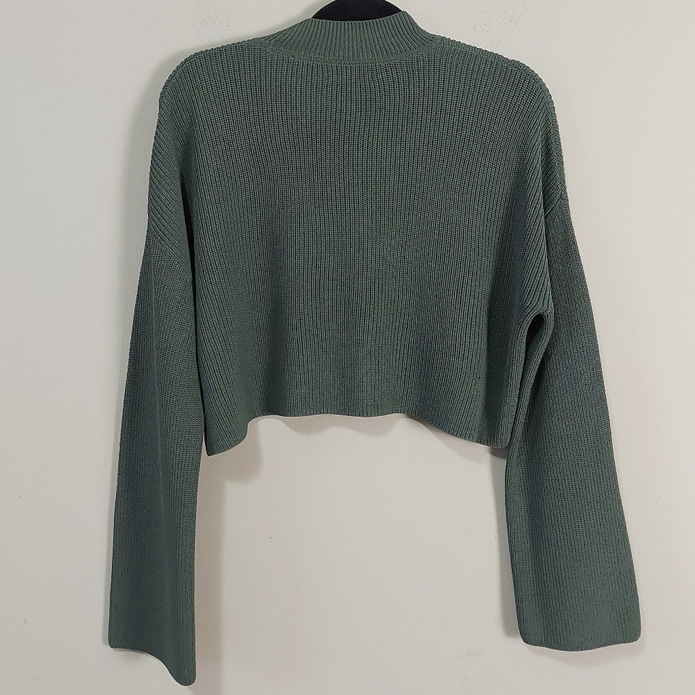 Aritzia Wilfred Salome Sweater Small Green Gray Rib  Knit Cropped Drop Shoulder - Picture 3 of 13